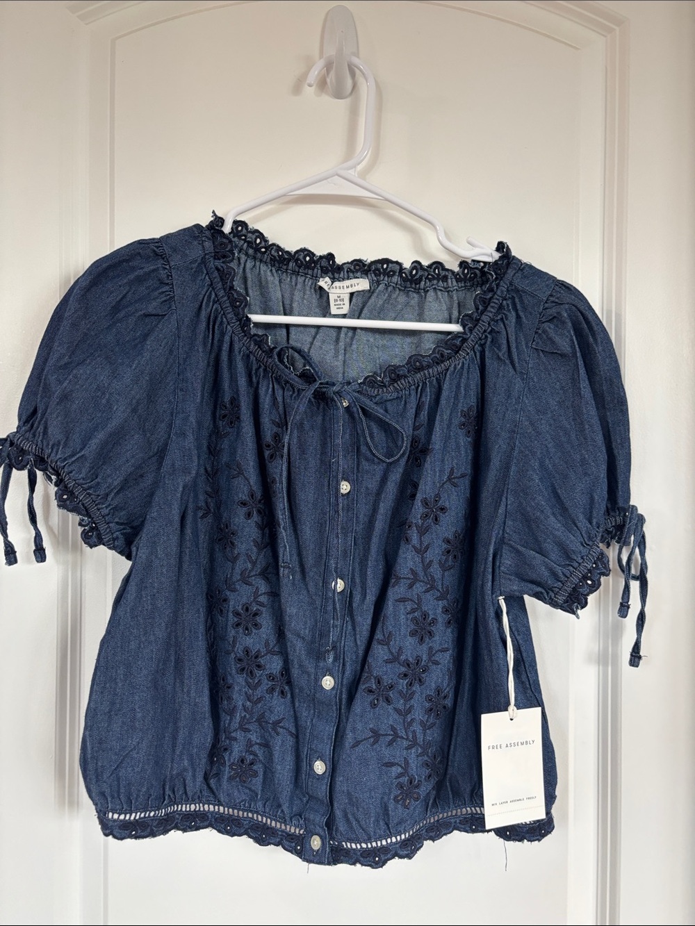 Free People Indigo Embroidered Button-Front Peasant Top
